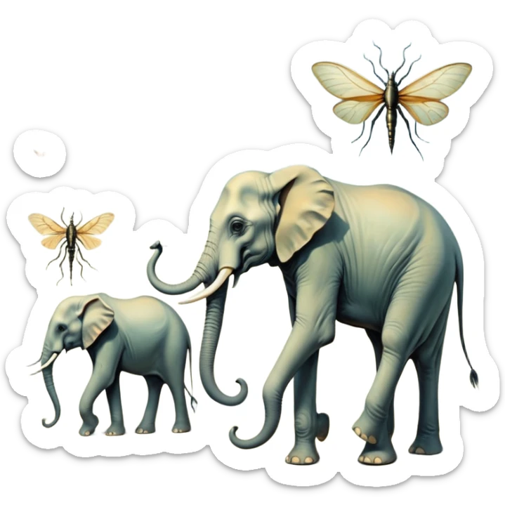 aesthetic brilliant divine lighting, oil paint - mystical surreal elephants with long legs like insects - from Salvador Dali's paintings with long legs like insects sticker