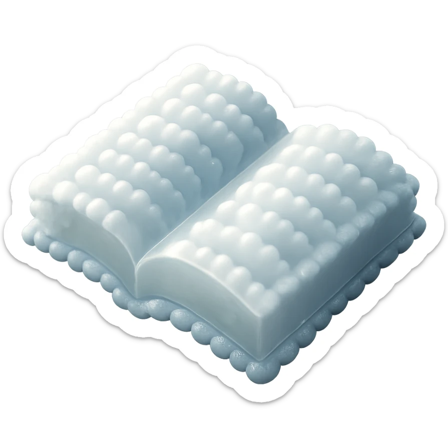 top view of a thick open book made entirely of small, very bright white fluffy convex clouds, matte glass style sticker