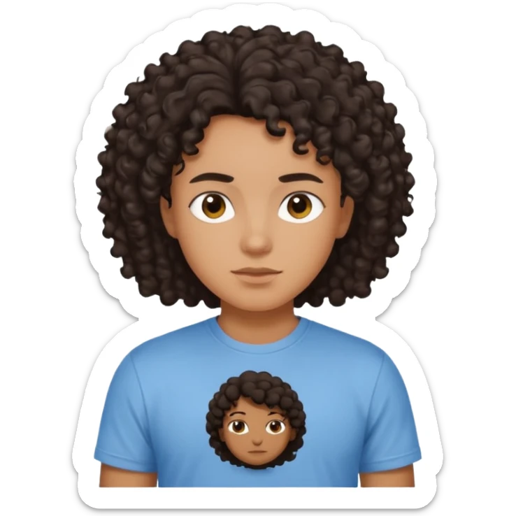 This is a cartoon-style avatar of a person with dark light curly hair, brown skin, and a calm expression sticker