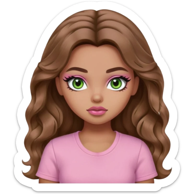  long wavy brown hair, light skin, light green eyes, pretty bratz baddie, black eyeliner, blush, pink shirt sticker