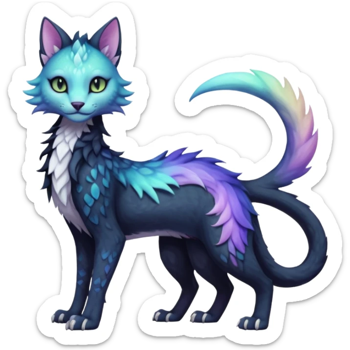 Kawaii black pastel iridescent beautiful pretty elegant divine edgy fantasy feline-vernid-sergal-fursona animal creature with a tufted tail full body with intricate markings  sticker
