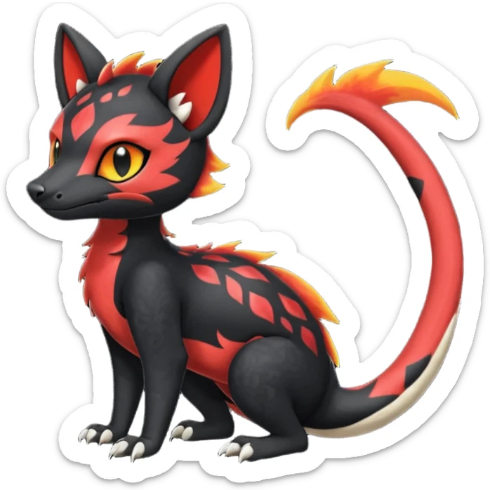 Rare realistic cute gothic Salandit-Litten-Quilava-Genet-species-Fakemon-hybrid-creature, with fiery markings, full body sticker