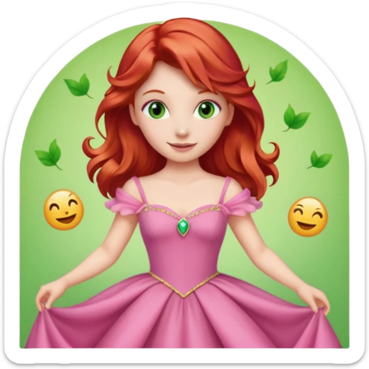 Aurora princess, classic fairytale style, red hair, pink gown, gentle smile, green amber eyes, twirling, emoji style sticker