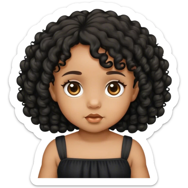 light brown skin baby girl with black curly hair, black dress sticker
