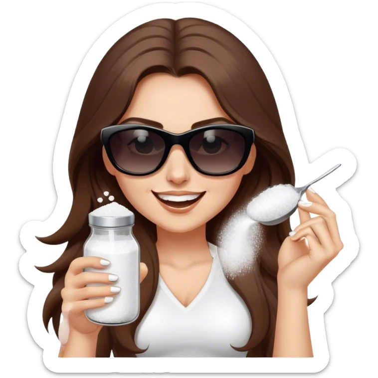 sassy woman with long brown hair and dark sunglasses holding a salt shaker filled with white table salt. She is shaking and sprinkling the salt. She is smirking.  sticker