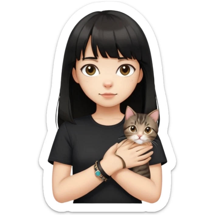 A girl with black long hair and bangs, wearing a black short-sleeved shirt, a brown bracelet on her right wrist, white skin, holding a tabby cat, the cat is standing upright sticker