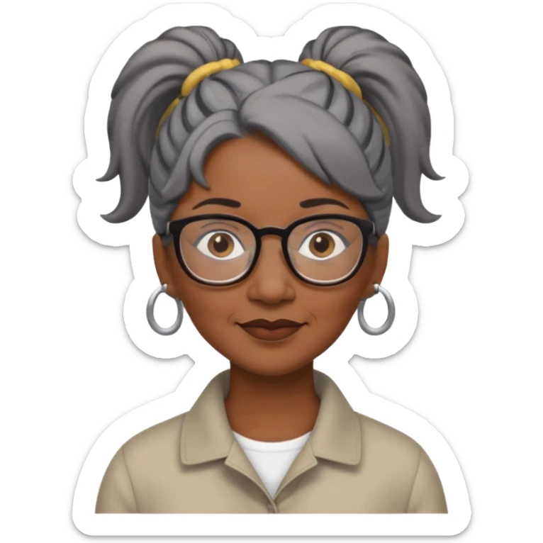 emoji of a black older women with black and gray hair in a ponytail with glasses and brown eyebrows sticker