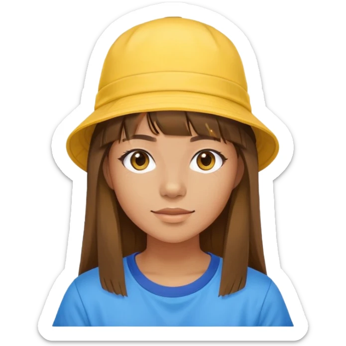 Young woman, bucket hat, tan skin tone, long brown hair with fringe, yellow T shirt with blue sleeves sticker