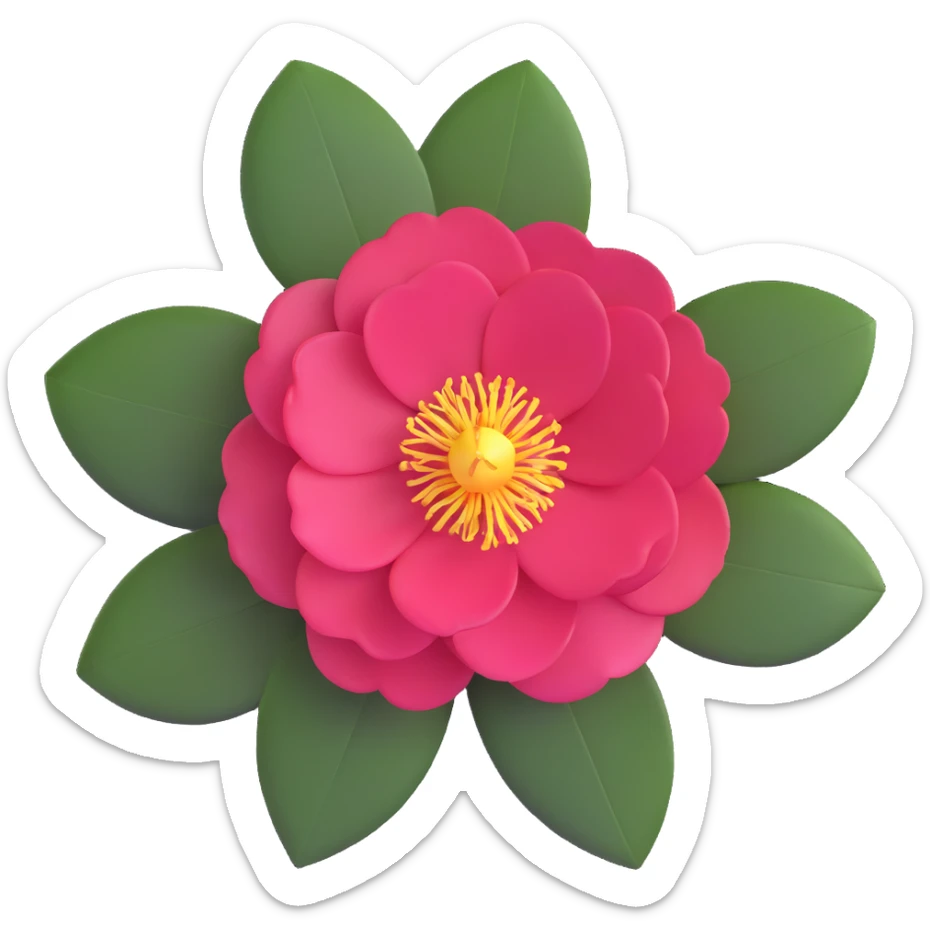 vibrant red Japanese camellia flower with golden center sticker