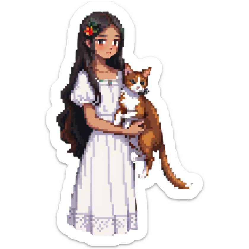 beautiful girl with long black hair wearing a white dress holding an Abyssinian cat with reddish-brown fur in her arms, side view sticker