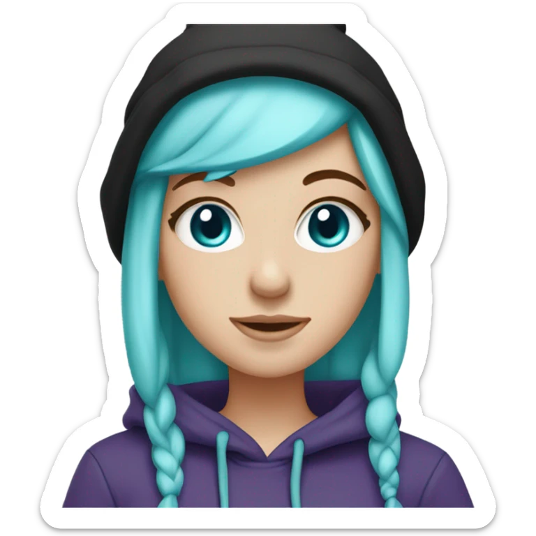 White girl, blue eyes, long teal hair, purple beanie hat, black hoodie sticker