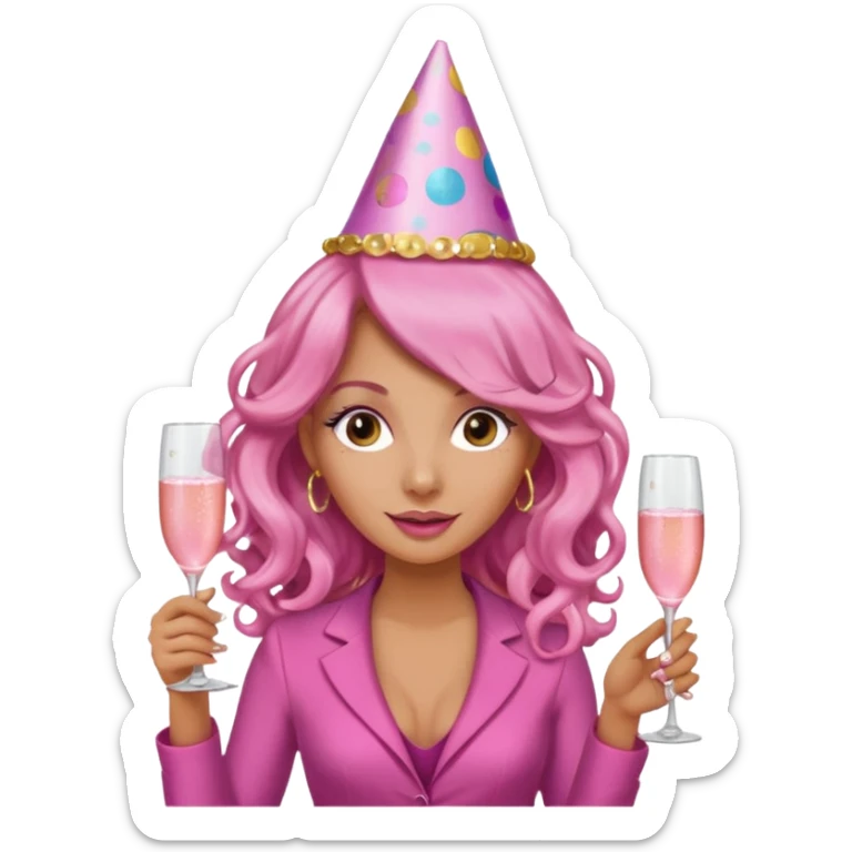 One lady with long pink curled hair and tan skin holding a glass of  pink champagne in each hand sticker