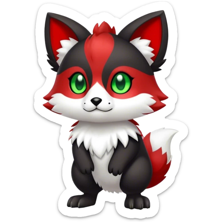 Cute cool black red animal hybrid Fakemon full body, green eyes, white belly, white muzzle sticker