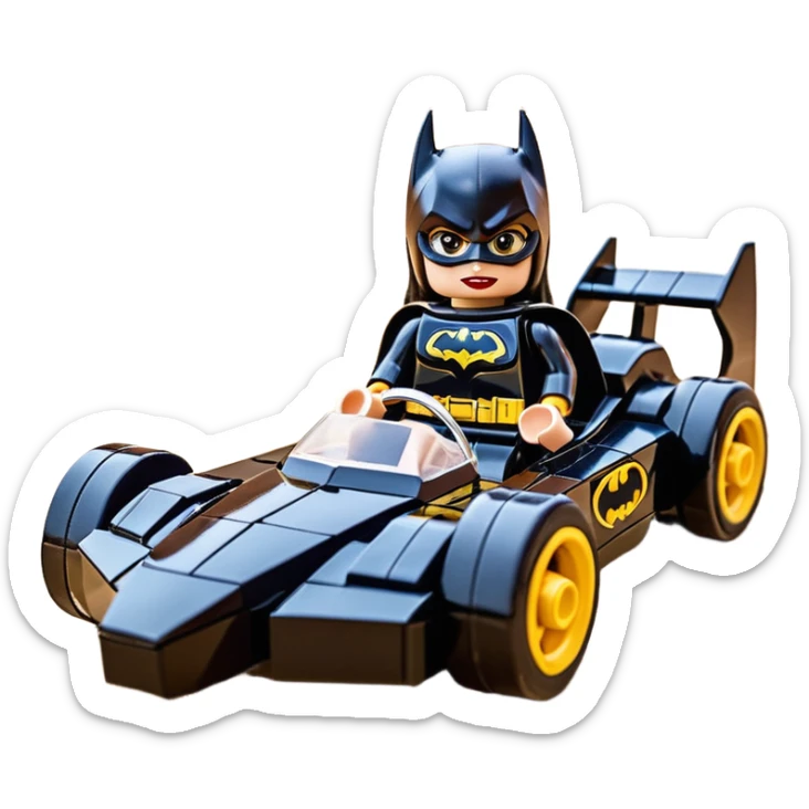 scale racing sexy muscular Batgirl’s masculine midnight-colored tight outfit 1970’s tv style dark knight stealthy accurate sporty safe plush deluxe Lego off-road pursuit drifting F1 car lexus (black hair,reclining and relaxed torso and shoulders back against seat) rally sticker