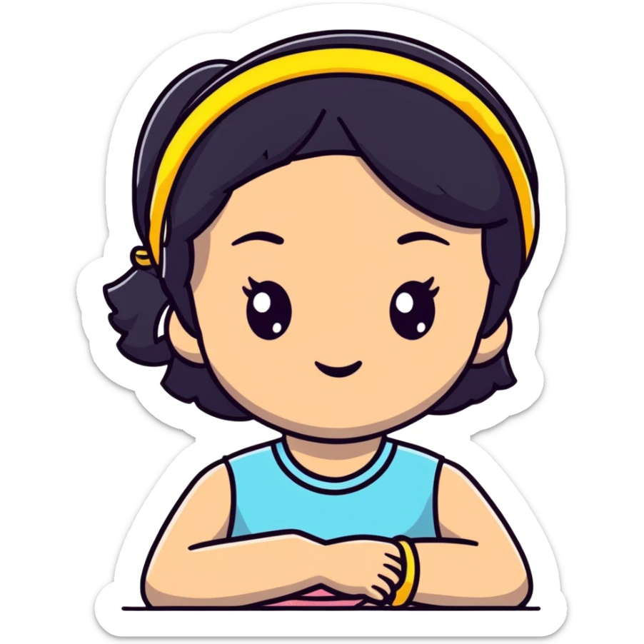 lightskin young girl with black straight hair and dark eyes, wearing a headband, cheerful sticker