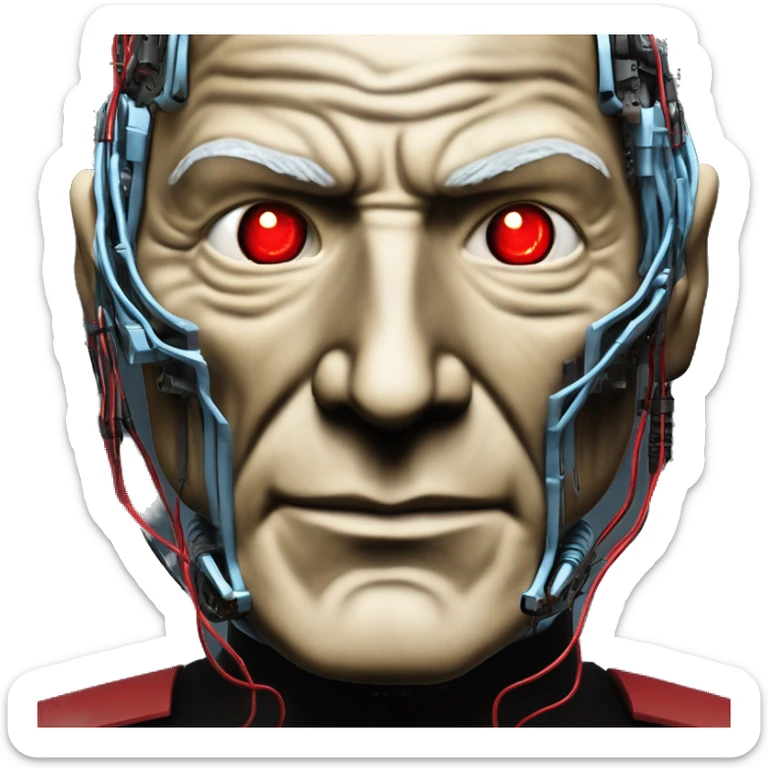 Jean luc picard from Star Trek assimilated by the Borg, with mechanical metal covering the left side of his face, with wires and a red light on the left side. His eyes are blue sticker