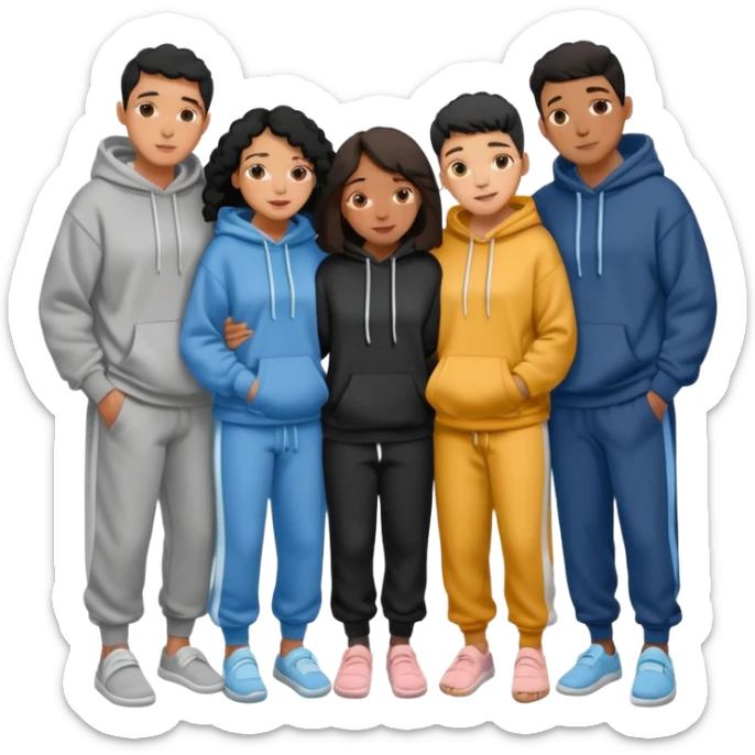 four mixed race friends all wearing oversized hoodies, sweatpants, and slides huddled together hugging sticker