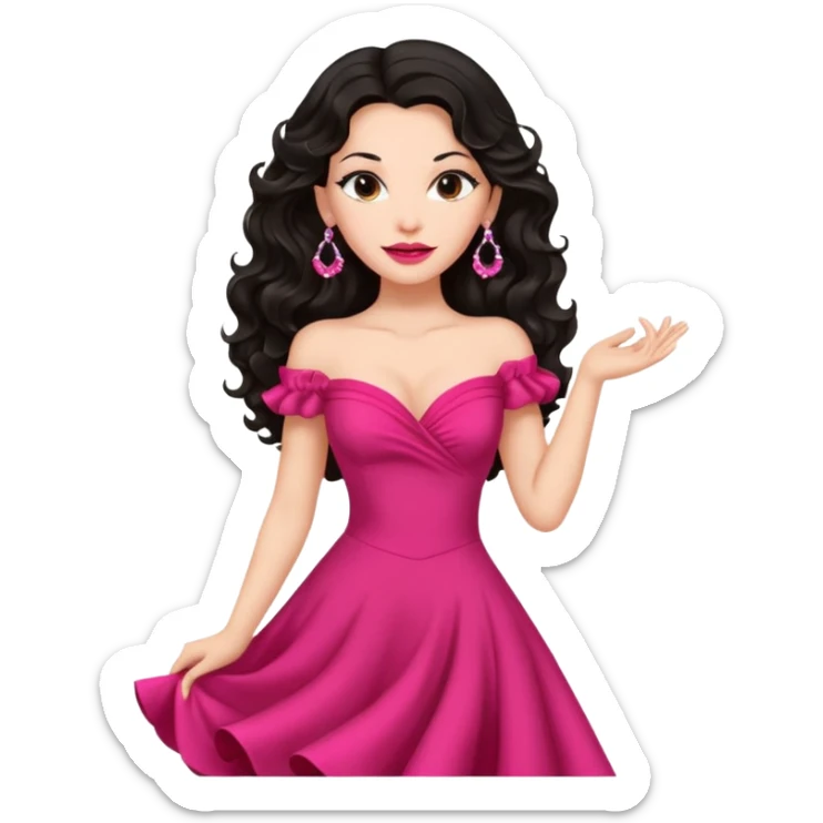 mature confident brunette girl with long black wavy hair, pink lipstick, red dance dress, big earrings sticker