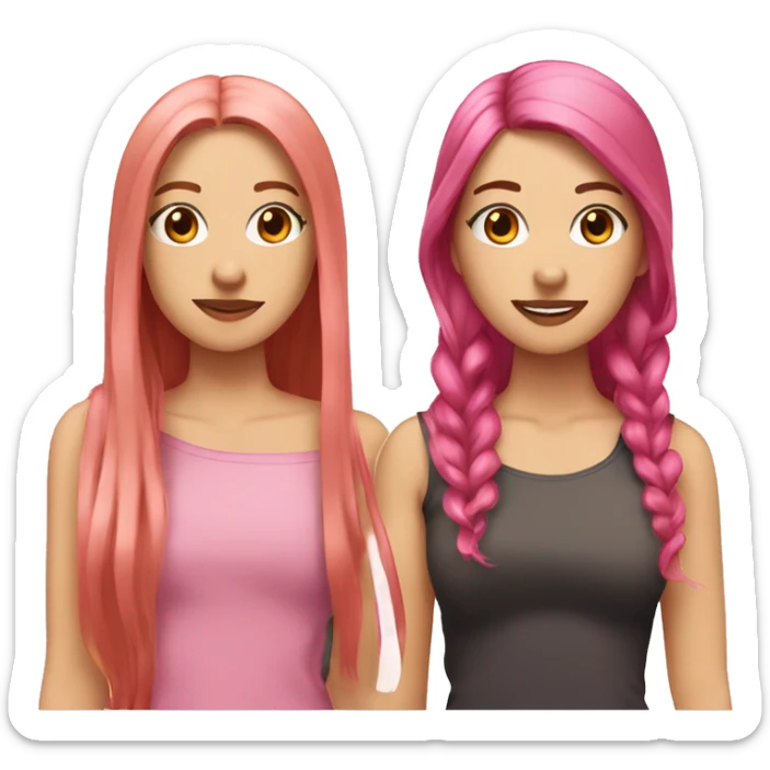 two besties, one shoulder length straight pink hair, the other long wavy brown hair both are white sticker