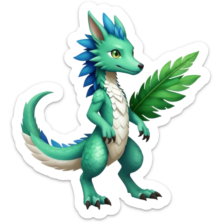 Cute cool fantasy animal hybrid Sergal-Digimon-Fakemon full body, green scales, green leaves, brown eyes, blue feathers sticker