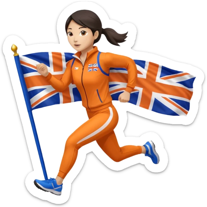 asian woman in orange sport suit and holding uk flag on the back, running sticker