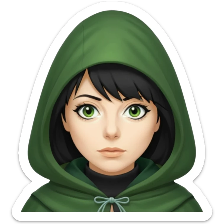 claudia winkleman as a traitor with a green hooded cloak and dark black eyeliner sticker