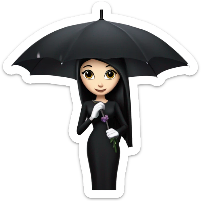 Audrey Hepburn as Morticia Addams at a rainy funeral holding a lacey umbrella.  Jewelry,veil hiding face,gloves,purse.  sticker