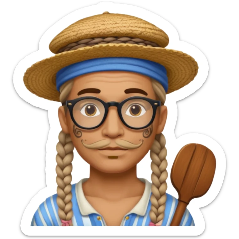 very tattoed face, normal glassess, fat venice gondolier with iconic hat and thick braided hair sticker