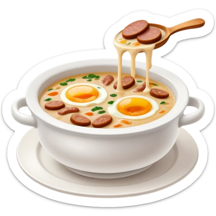 Cinematic Realistic ≈ªurek Soup Dish Emoji, depicted as a tangy, creamy rye soup with sausage and egg rendered with detailed textures and warm, comforting lighting. sticker