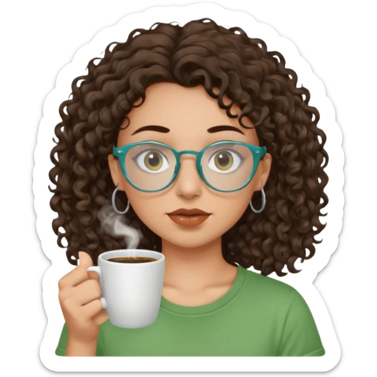 White girl with dark brown curly hair, brown eyes, sky blue glasses, nose piercing septum, green t shirt, drinking coffee from a cup sticker