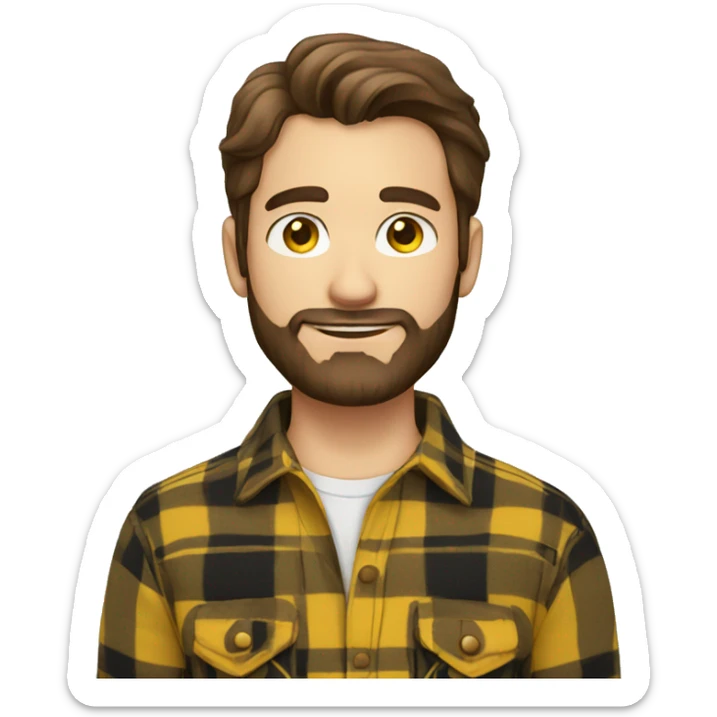 Man with a beard and brown hair wearing a yellow and black plaid flannel shirt sticker