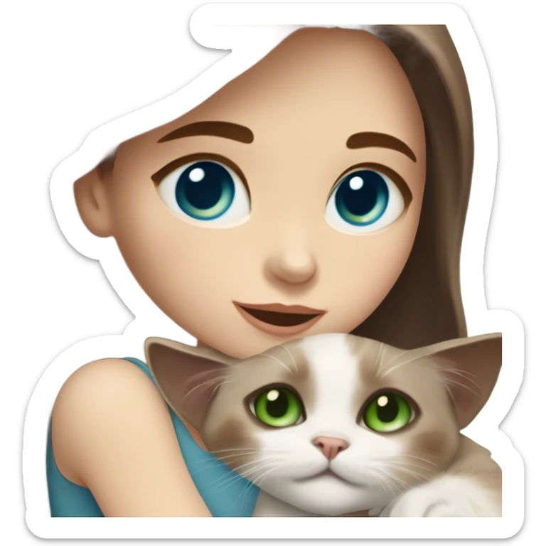 white woman with medium-length brown hair, green eyes and brown freckles on the face under the eyes, holding her sacre de birmanie kitten in her arms with much love, the baby cat has blue eyes, a lot of dark areas on ears and middle of the face. blue eyes sticker
