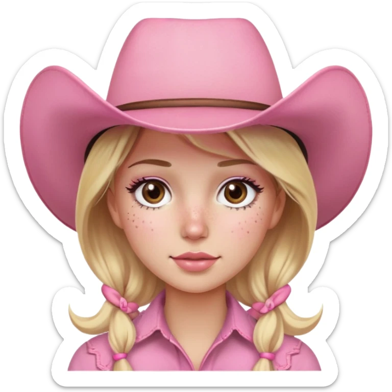 Blonde girl brown eyes pink cowboy hat lashes blush freckles sticker
