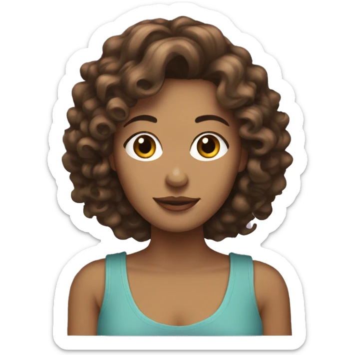 white women with curly medium length brunette hair, holding a yorkie dog sticker