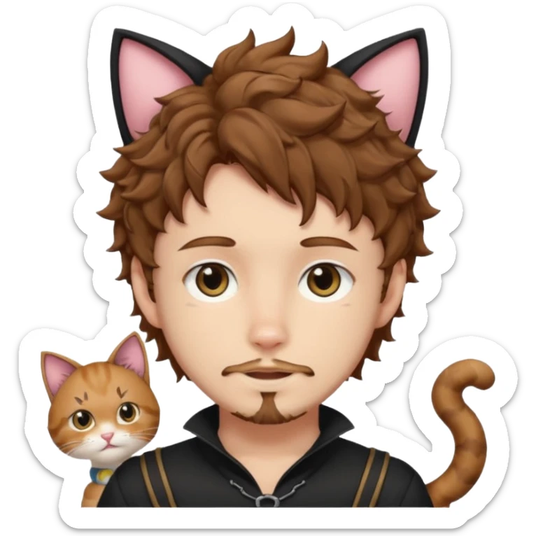 white boy with cat tail with goatee hair and cat ears with brown hair and anime features woth curly hair  sticker