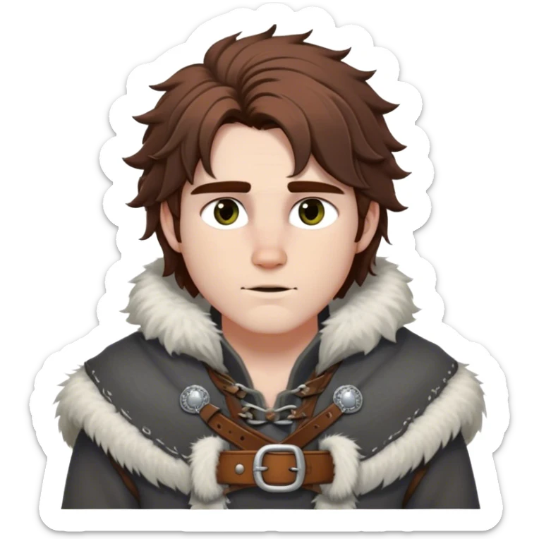 Medieval winter outfit worn by a DnD themed fantasy male character. Heavy slate gray wool tunic with wolf fur trim, featuring carved bone toggles and a wide leather belt with iron buckle. Clothes only above the waist, full waist coverage. The character has no arms. Character is white-skinned with dark copper hair, hazel eyes, and medium-length tousled hair with snow-touched strands. sticker