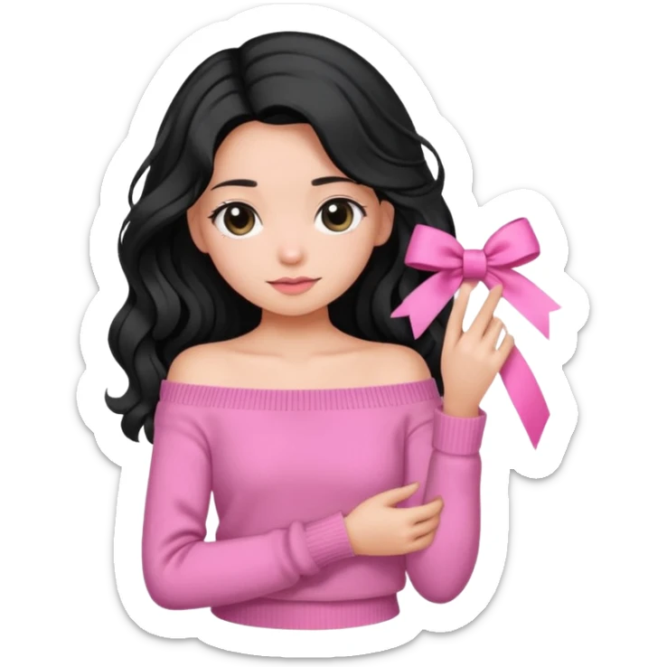 Girl with black wavy little long hair and a ribbon hair clip beside it make it look like wearing a pink off shoulder sweater  sticker