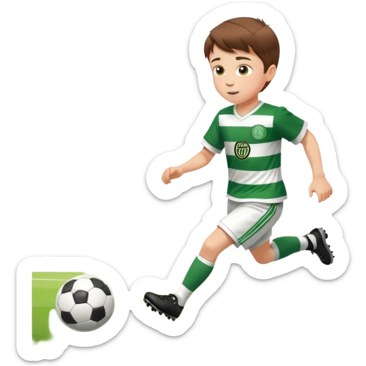 Brown hair 6 years old white boy footballer RUNNING playing soccer wearing CELTIC  UNIFORM  has white stripes  # 17 in the jersey !  sticker