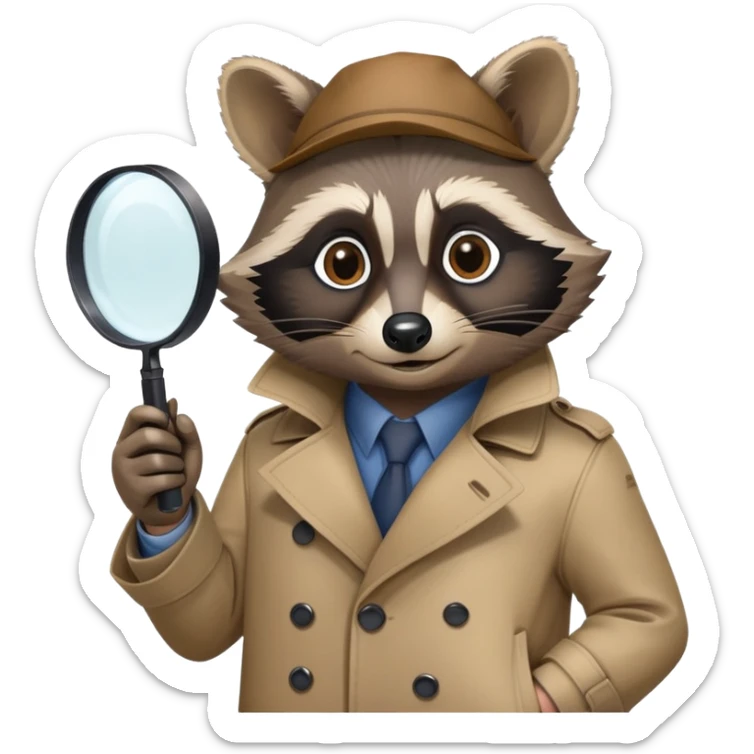 Raccoon private investigator with trenchcoat and magnifying glass sticker
