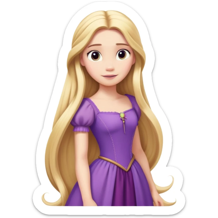 Rapunzel from hips up, purple dress, extremely long blonde hair, minimal style, larger size sticker