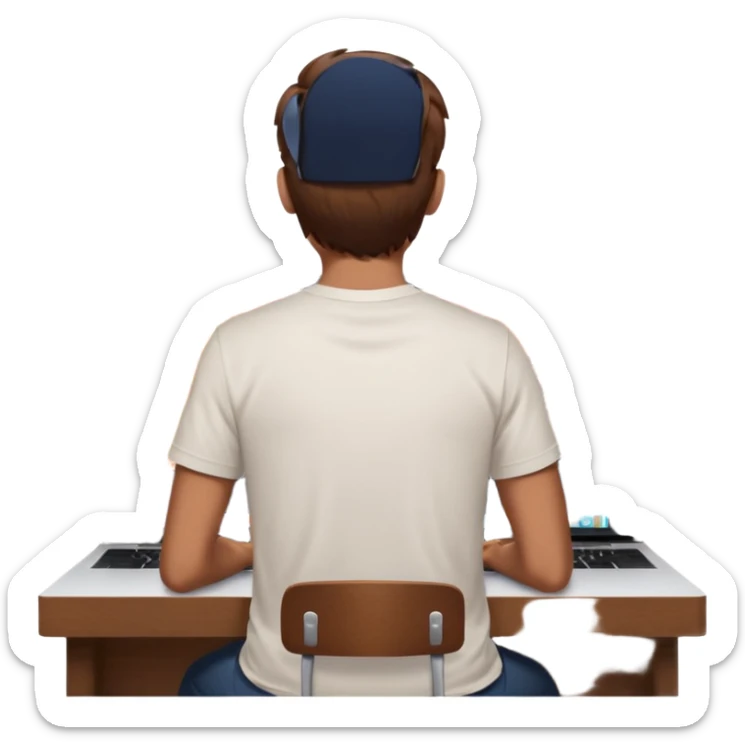 A man seen from behind, with detailed, well-lit hair. He is sitting in front of an open MacBook on a desk. On the MacBook screen, the Instagram logo is clearly visible and glowing.  sticker