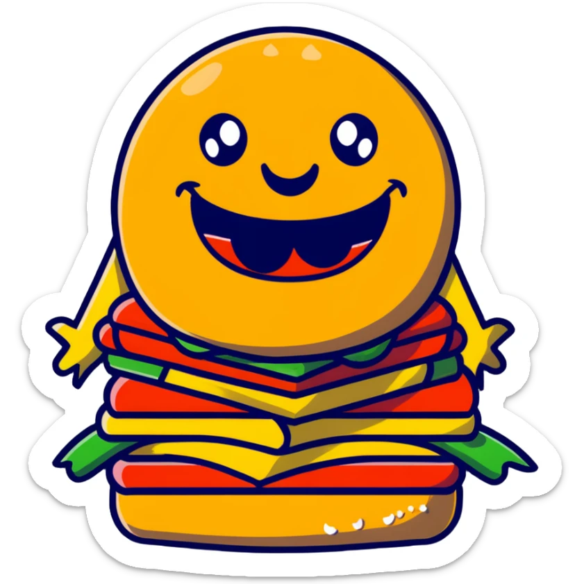 A fun food monster made of burger, pizza, and fries with cartoon eyes and a big smile sticker