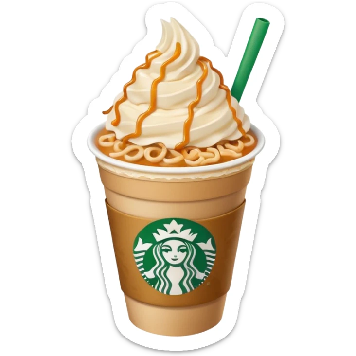 Hot ramen, macaroons on the side and caramel ribbon crunch frappucino in a starbucks cup sticker