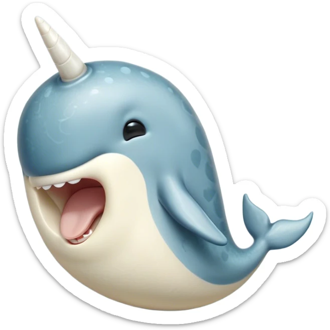 Cinematic Cute Yawning Narwhal Portrait Emoji, Head tilted slightly with a dramatic, wide-open yawn, showcasing a streamlined, mottled body with a gracefully curled ivory tusk and sleepy, half-closed eyes, Simplified yet irresistibly adorable features, highly detailed, glowing with a soft, cozy arctic glow, high shine, relaxed yet expressive, stylized with a hint of whimsical marine ease, soft glowing outline, capturing the essence of a drowsy yet affectionate narwhal that appears ready to stretch out for a nap! sticker
