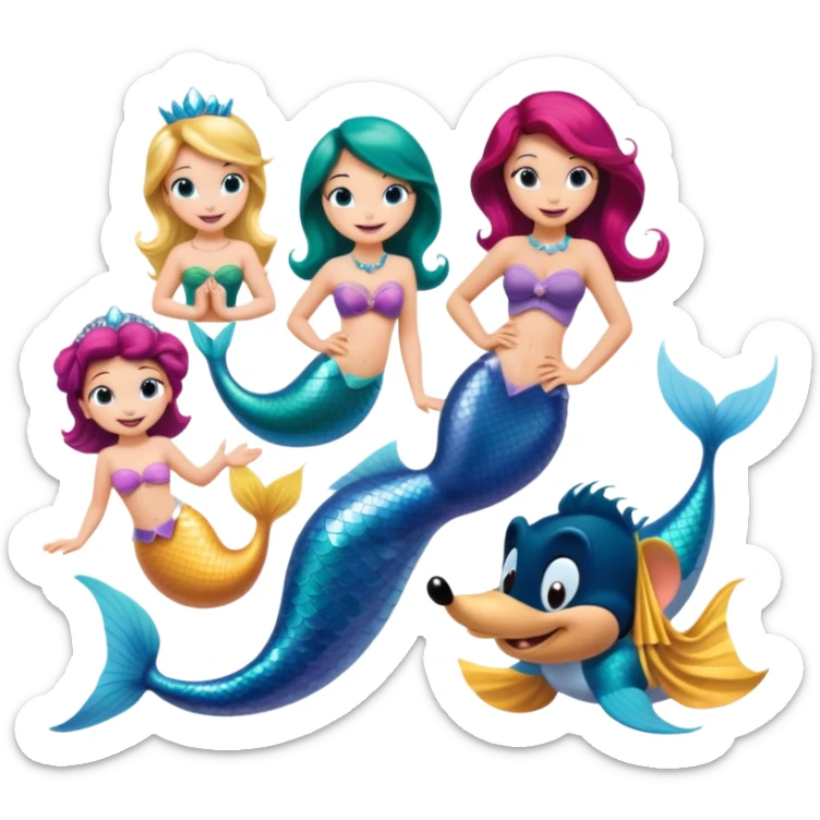 Colorful icon for Animated Movies: mermaid costume and could A vibrant collage featuring iconic characters like Goofy, Mickey Mouse, Franco, Masha and the Bear and Luntik. Each character should be large and bright, set against a cheerful and playful background of Disneyland. Transparent background. sticker