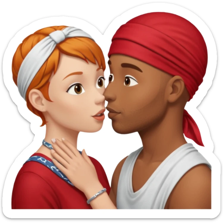 Two people naked kissing, brown man with bandana no hair, white girl ginger hair sticker
