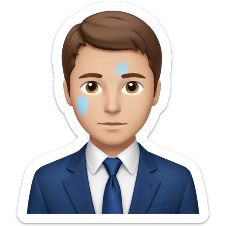 un homme type caucasien brun avec des jolies traits avec une chemise blanche et une veste a manche longues et cravate bleu il a les yeux marron sticker