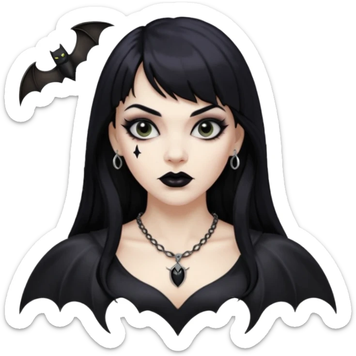vampira mulher branca com cabelo preto longo com franja na testa, sobrancelha grossa e lábios com batom preto com colar preto e pingente de morcego preto sticker