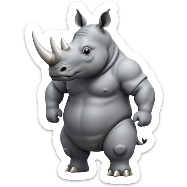 cinematic-rhino-full-body-standing-emoji,white horn, slate grey skin -massive-body-poised-powerfully,-thick-horn-curving-slightly-forward,-head-tilted-dramatically,-rough-grey-hide-covered-in-dust,-simplified-focused-features, sticker
