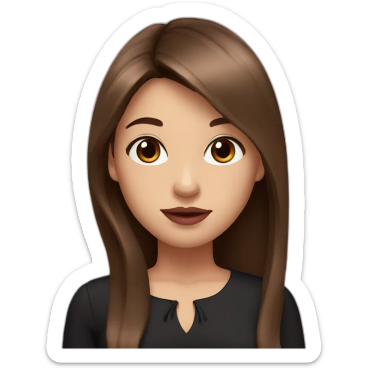 A girl with brown eyes, long straight brown hair, plump pink lips in a black dress sticker